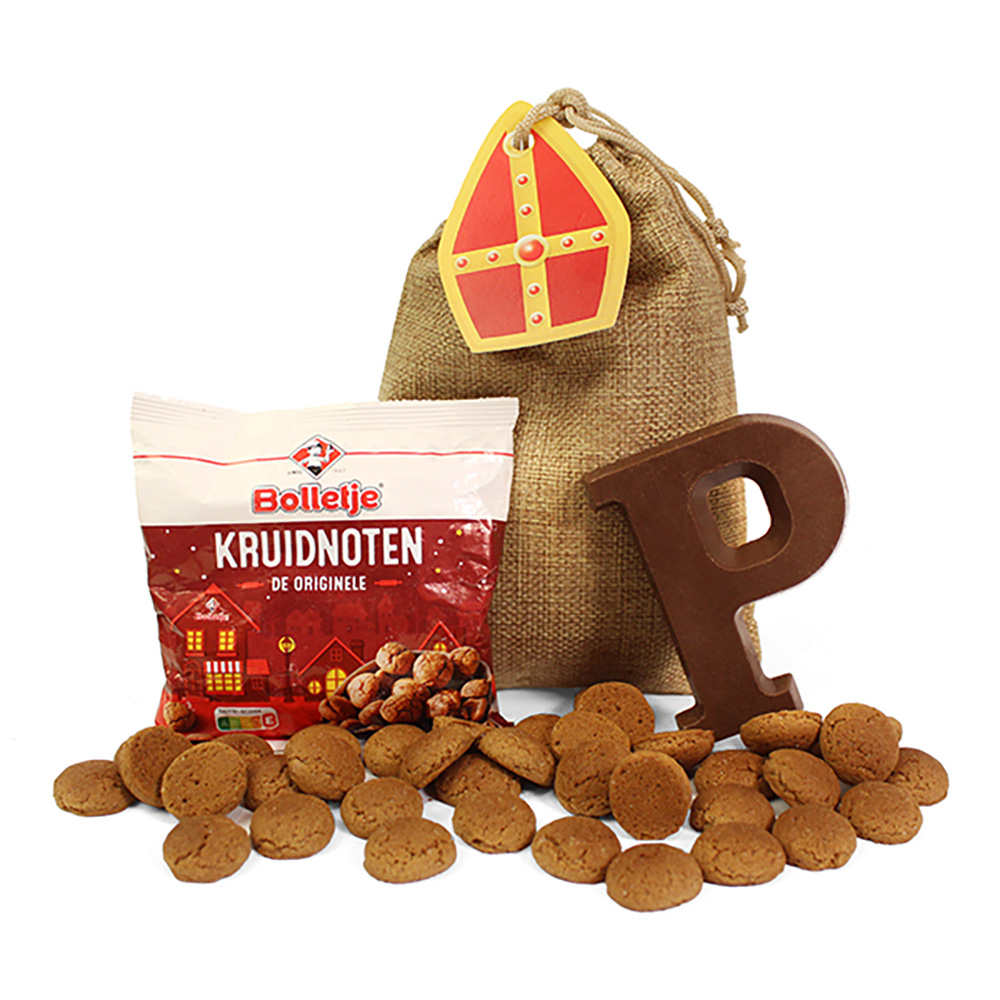 Jute-Geschenktüte – 90 g | Bolletje-Gewürzkekse | Schokoladenbuchstabe | Personalisierbares Etikett