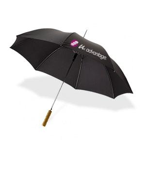 Schwarzer Regenschirm von Maxilia bedruckt mit Logo und Werbetext