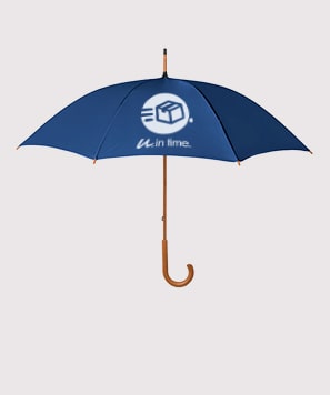 Blauer Regenschirm von Maxilia bedruckt mit Logo und Werbetext