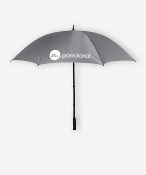 Grauer Golfregenschirm von Maxilia bedruckt mit Logo und Werbetext